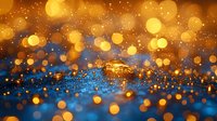 Magical golden bokeh lights floating over shimmering blue water surface create dreamy atmosphere with glowing orbs and reflections at dusk.
