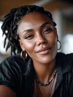 Young African American woman with dreadlocks smiling warmly at camera wearing hoop earrings and dark clothing in soft natural lighting for lifestyle content.