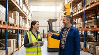 Two warehouse workers discussing logistics operations in modern distribution center with forklift and storage shelves for supply chain management.