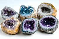 Collection of colorful amethyst and crystal geodes with natural formations displaying purple, blue and clear quartz crystals for geology education and decor.