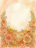 Watercolor floral frame with roses, peonies, and ornate heart in warm peach and golden tones, featuring a soft oval copy space center.