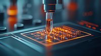 Robotic arm performing precision testing on glowing microchip circuit board with orange and blue technological lighting effects in modern electronics laboratory.