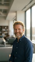 Confident mature Caucasian businessman with curly hair and beard smiling in modern office space with natural lighting for corporate and professional use.