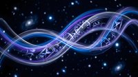 DNA double helix structure with glowing blue and purple light effects against starry space background for science and genetics research concepts.