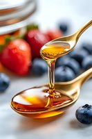 Golden honey dripping from spoon to spoon with fresh blueberries and strawberries in background, macro food photography on white marble surface.