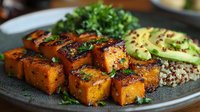 Grilled tofu cubes with herbs and avocado slices on quinoa bowl, healthy vegan protein meal for plant-based diet and wellness lifestyle.