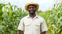 African American male farmer smiling in corn field wearing straw hat and casual work shirt, representing agriculture, farming and sustainable food production.