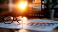 Modern eyeglasses on financial documents with warm sunlight streaming through office window creating professional business atmosphere for analysis work.