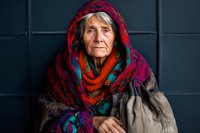 Elderly woman wearing colorful traditional headscarf and shawl with vibrant red and purple pattern against dark background, expressing wisdom through weathered features.