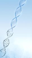 Blue DNA double helix structure with genetic code sequences on light background for medical research and biotechnology applications.