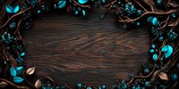 Mystical floral frame with glowing turquoise leaves and berries on dark wooden background creates magical border composition for nature-inspired designs.