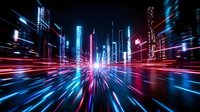 Futuristic cityscape with dynamic motion blur effect featuring neon blue and red light trails against dark skyscrapers, creating dramatic urban perspective.