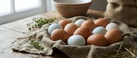 Fresh farm eggs in rustic wicker basket on linen cloth with herbs, natural organic produce for healthy cooking and baking in country kitchen setting.