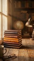 Stack of vintage leather-bound books on wooden table near window in cozy library setting with warm natural light and antique desk lamp.