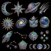 Celestial and space themed decorative elements collection featuring moons, stars, planets, compass rose, rocket ship, crystal ball, sun, galaxy swirl, and constellation designs in deep blue, purple, and gold tones. Isolated on transparent background, ready for t-shirt design, stickers, clipart, sublimation, and print-on-demand projects.