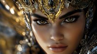 Mysterious woman with golden crown and dramatic makeup in fantasy style portrait. Dark skinned female model wearing ornate headdress against black background.