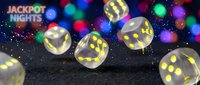 Glowing golden dice tumbling across dark surface with colorful bokeh lights and jackpot nights text, casino gaming and gambling entertainment concept.