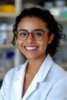 Young medical professional with curly hair and glasses wearing white lab coat smiles warmly in healthcare setting, representing wellness and expertise.