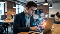 Young businessman working on laptop with digital communication icons and global network hologram in modern office workspace.
