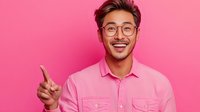 Young Asian man in pink button-up shirt and glasses pointing sideways with cheerful expression against vibrant pink background. Positive lifestyle and fashion concept.