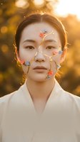 Young Asian woman with decorative golden chains and colorful flowers on face in warm sunset light for beauty and fashion concepts.