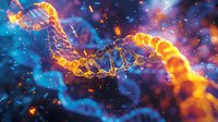 Glowing DNA strand with orange and blue particles in space, genetic code visualization showing molecular structure against cosmic background with bokeh effects.