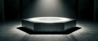 Modern hexagonal black platform podium with dramatic spotlight illumination on concrete floor for product display and presentation showcase.