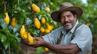 Mature African American farmer examining fresh yellow cacao pods growing on tree at organic plantation. Sustainable agriculture and local food production concept.
