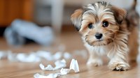 Curious Yorkshire terrier puppy looking at torn paper pieces on wooden floor, caught in mischievous moment at home, selective focus on dog face.