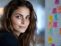 Young Mediterranean woman with long brown wavy hair and natural makeup smiling confidently in office setting with colorful sticky notes in background.