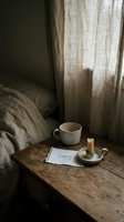 Rustic wooden nightstand with a sorry note, ceramic mug, and candle holder beside a linen bed, moody bedroom atmosphere.