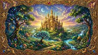 Fantasy castle on hill surrounded by magical landscape with ornate golden frame border for fairy tale themed designs and storytelling projects.