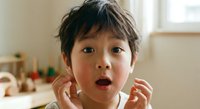 Young Asian boy with surprised expression touching his face in bright indoor setting with natural lighting and warm atmosphere.