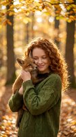 Young redhead woman in green sweater cuddling fox cub in autumn forest with golden bokeh light creating warm seasonal wildlife connection moment.