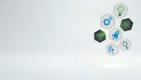 Modern hexagonal technology icons floating on clean white background with innovation symbols including lightbulb, gears, rocket and connectivity elements.