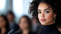 Young African American woman with curly hair speaking at microphone during professional event, confident expression against blurred audience background.