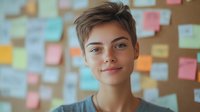 Young professional woman with short brown hair smiling confidently in modern office workspace with colorful sticky notes on wall behind her for business planning.