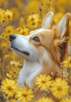 Portrait of red and white border collie with bright blue eyes looking up while surrounded by blooming yellow daisies in summer garden setting.