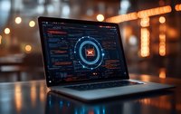 Laptop screen displaying futuristic cybersecurity interface with glowing circular design and code elements against blurred bokeh lights background in dark setting.