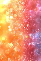 Dreamy abstract background with floating transparent bubbles and bokeh effects in vibrant yellow, orange, and pink gradient colors for creative designs.