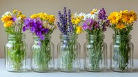 Fresh wildflowers arranged in vintage glass mason jars, featuring yellow daisies, purple orchids, lavender stems, and white daisies against neutral background.