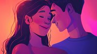 Young couple in intimate moment with foreheads touching against vibrant pink and purple gradient background, creating romantic atmosphere.