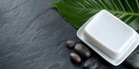 White ceramic soap dish with natural spa stones and green palm leaf on black slate background. Minimalist bathroom decor for wellness and relaxation.