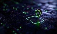 Glowing green location pin marker on digital circuit board with bokeh lights, representing GPS navigation and technology integration. Modern tech concept.