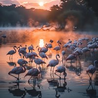 Flock of pink flamingos wading in misty lake at sunrise, creating reflections in golden water as morning light filters through trees.