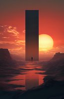 Mysterious monolithic black structure towers against dramatic sunset sky, silhouetted figure stands before it in surreal desert landscape with reflective surface.