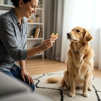 Young woman training golden retriever with treat reward in bright modern living room. Pet owner teaching obedient dog commands at home for positive reinforcement.
