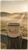 Vintage enamel mug with Hello inscription on rustic fence post, misty sunrise meadow in background, warm golden light, retro film effect.