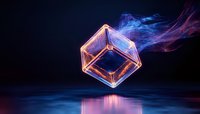 Glowing translucent cube floating above reflective surface with ethereal blue and purple smoke trails against dark background, creating mystical atmosphere.