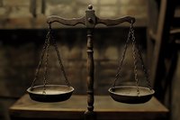 Antique brass balance scale with equal weighing pans on wooden base, symbolizing justice, law, fairness and equality. Suitable for legal, business and educational materials.